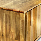 Close-up of a wooden surface with slatted design