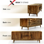 Wooden TV stand with side, back, and front views on a white background