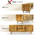 Wooden TV stand with side, back, and front views on a white background.