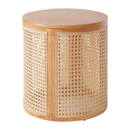 A round wooden side table featuring natural cane rattan panels on the front, shown against a plain white background.