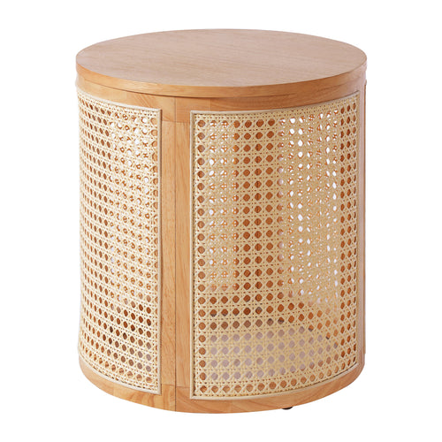 A round wooden side table featuring natural cane rattan panels on the front, shown against a plain white background.