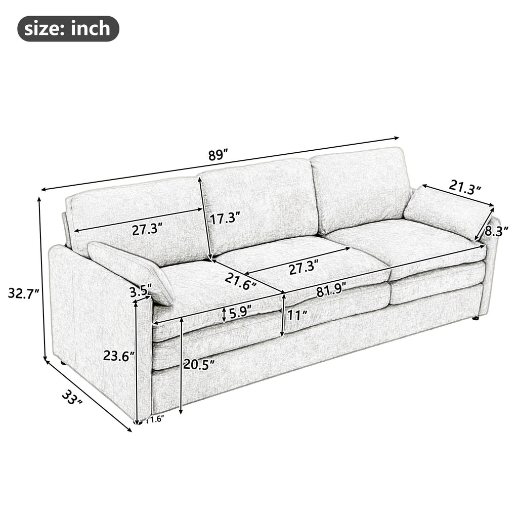 Measurement chart of a sofa with dimensions labeled in inches.