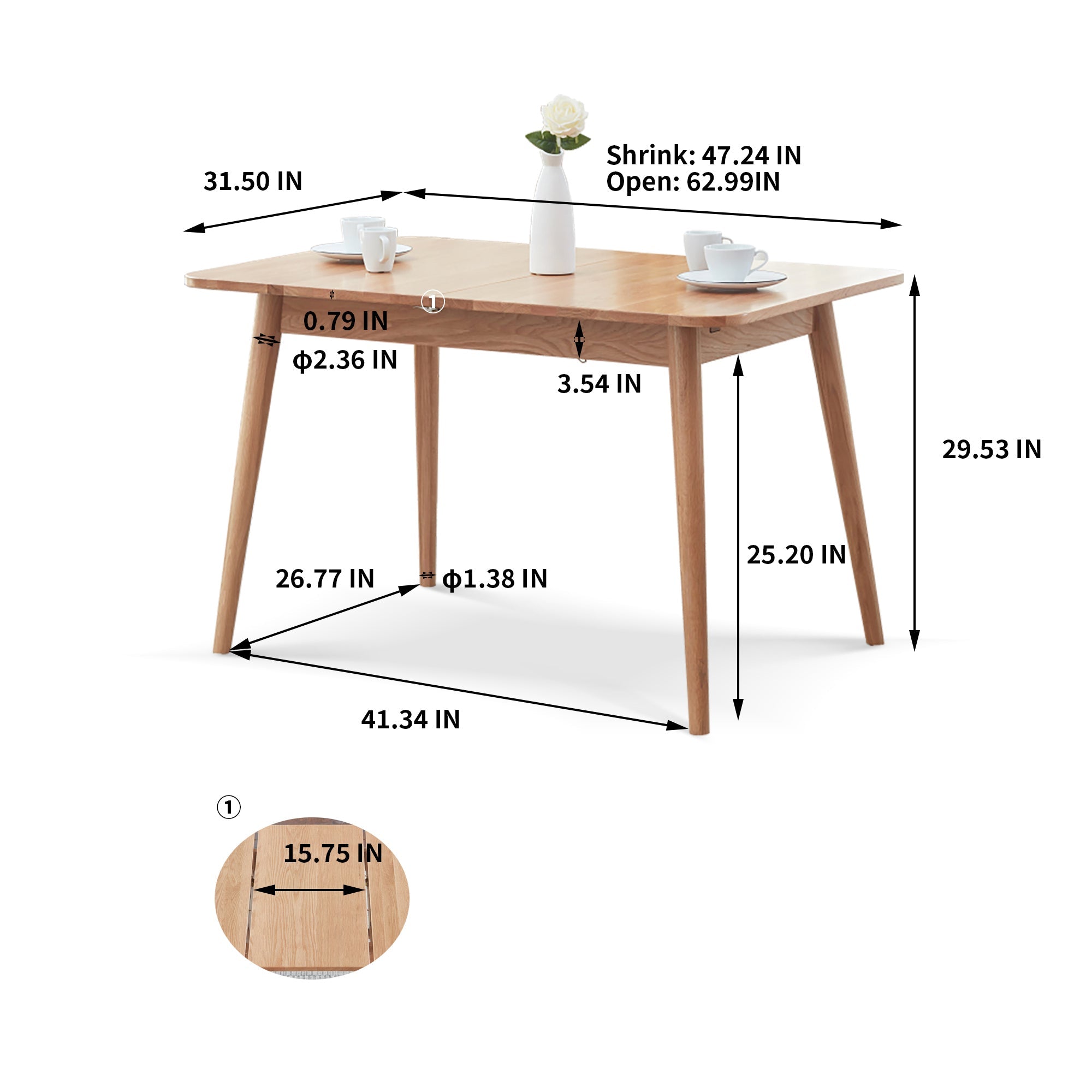 Wooden table with dimensions labeled on a white background