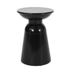 Black side table with a round top on a white background