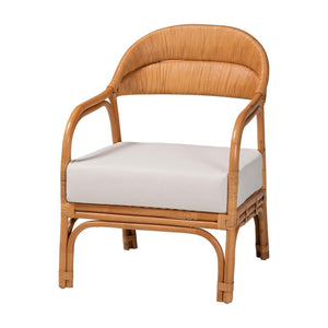 Wicker chair with white cushion on a white background