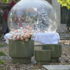 Set of green planters with flowers in front of a large transparent snow globe.