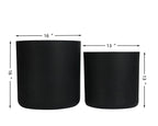 Two black cylindrical planters with measurements indicated on a white background