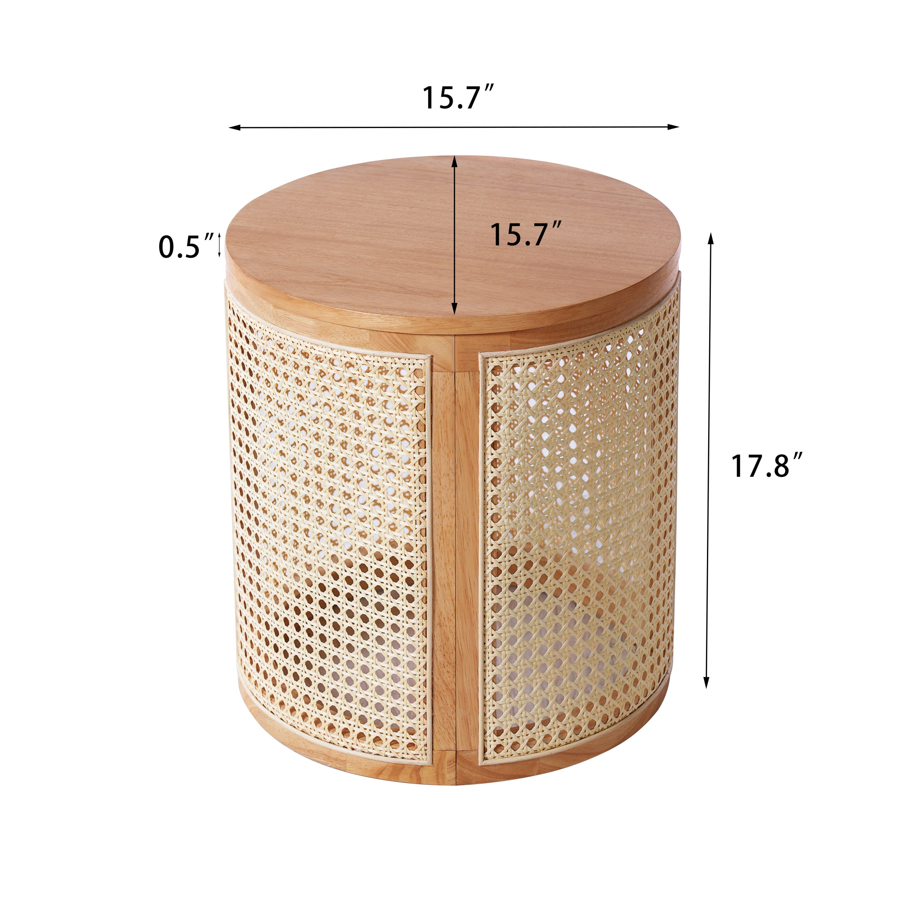 Round wooden side table with wicker pattern and dimensions labeled on a white background