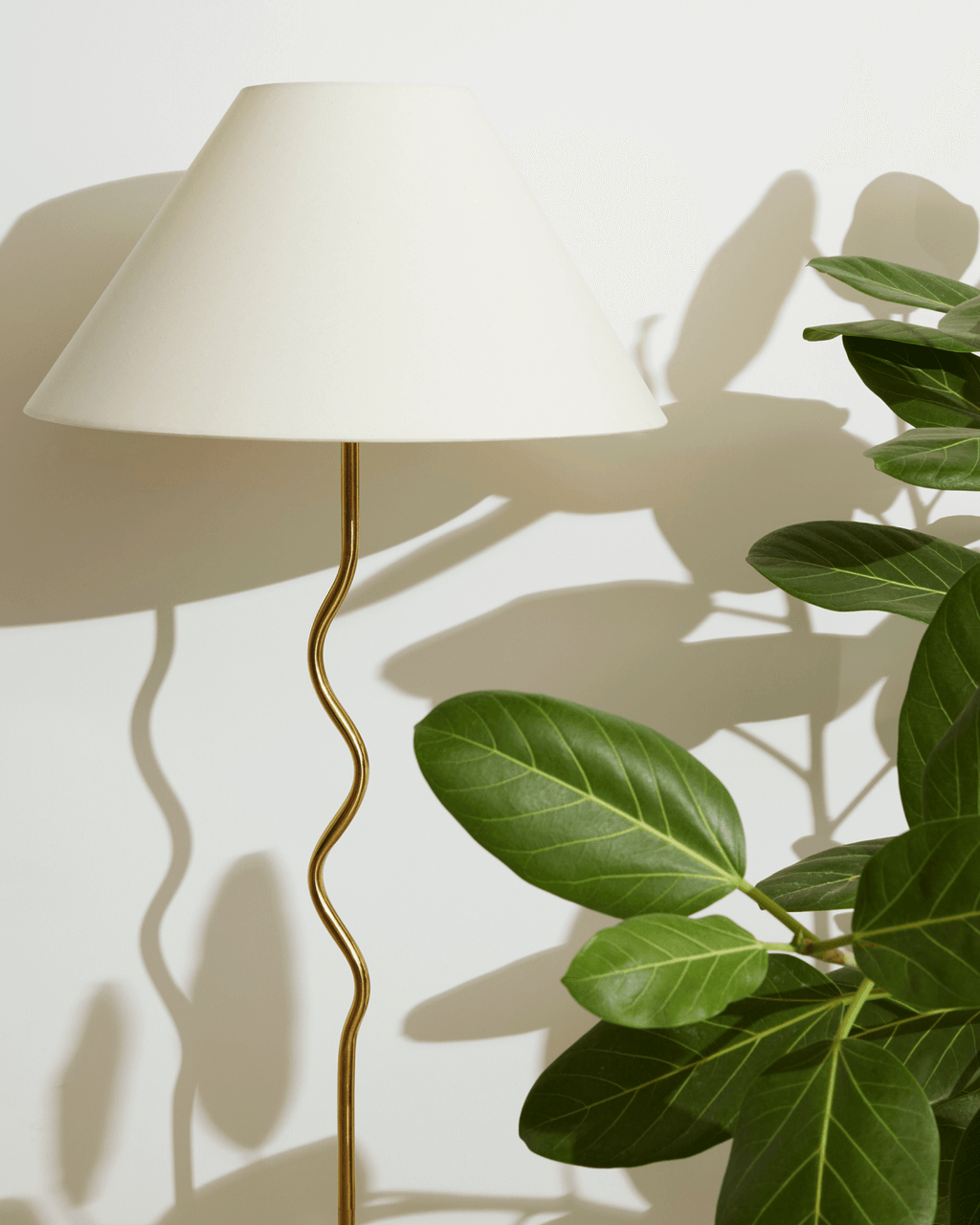 Floor lamp with a white shade and gold curvy rod next to a green plant on a light background