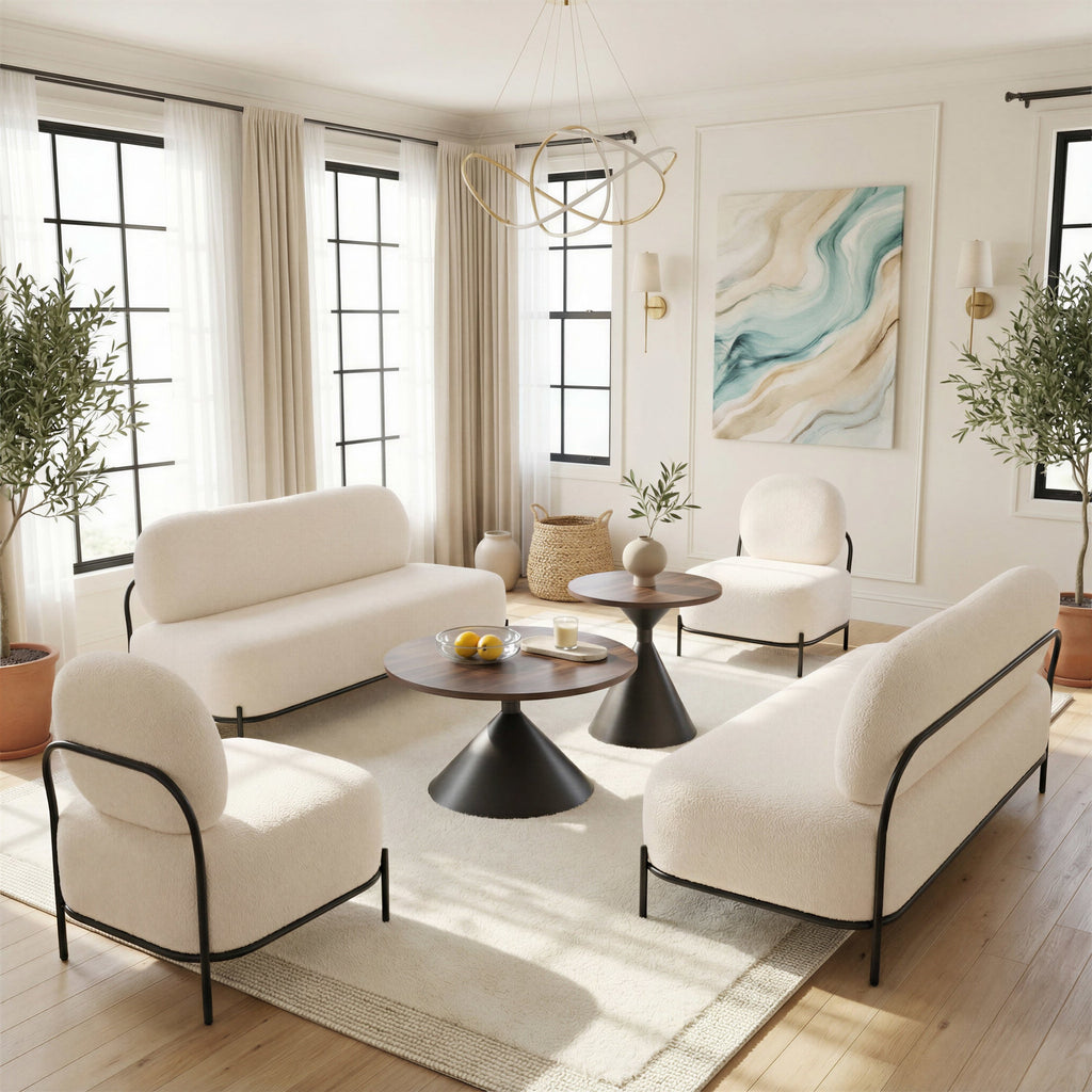 Modern living room with white furniture, wooden floor, and abstract art on the wall.