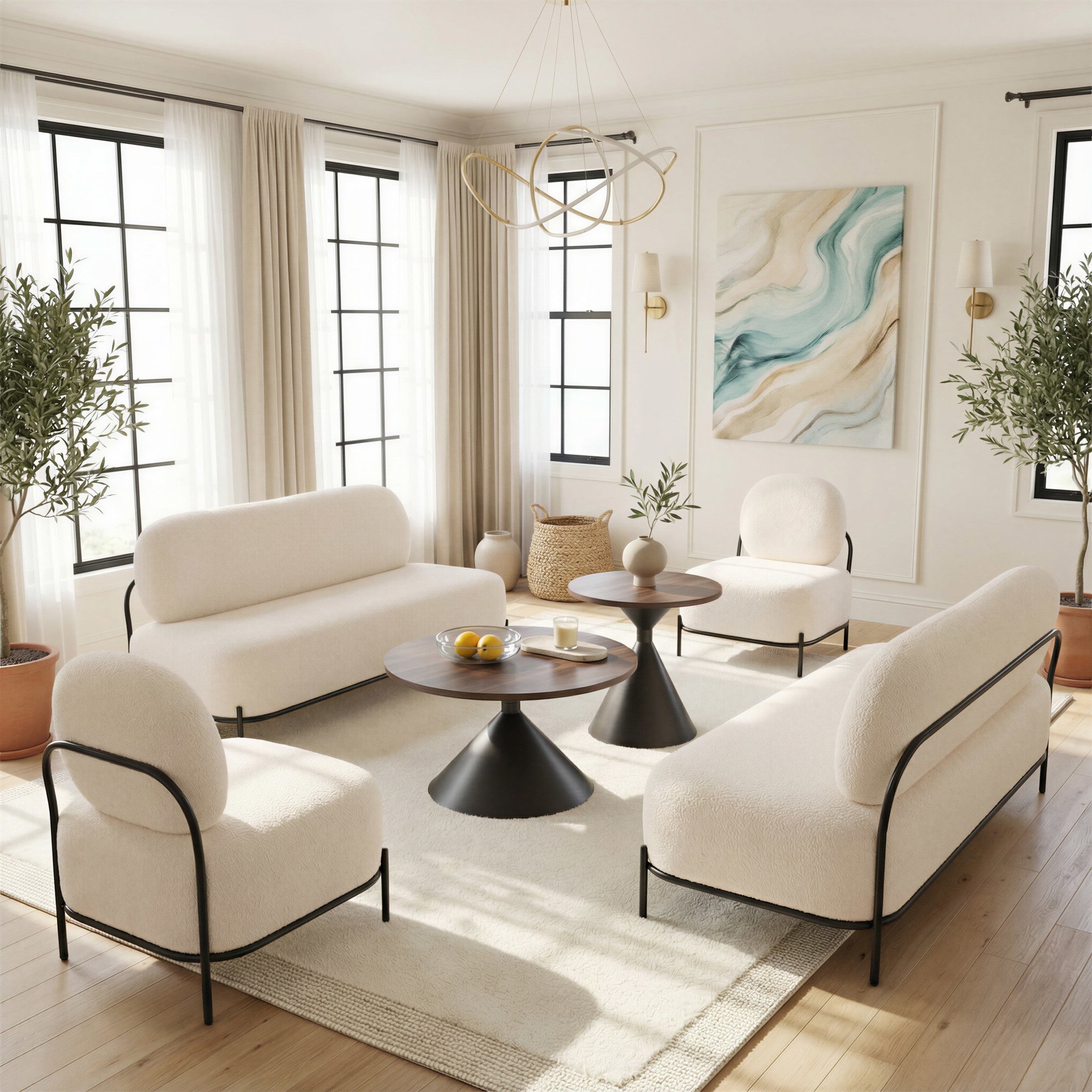 Modern living room with white furniture, wooden floor, and abstract art on the wall.