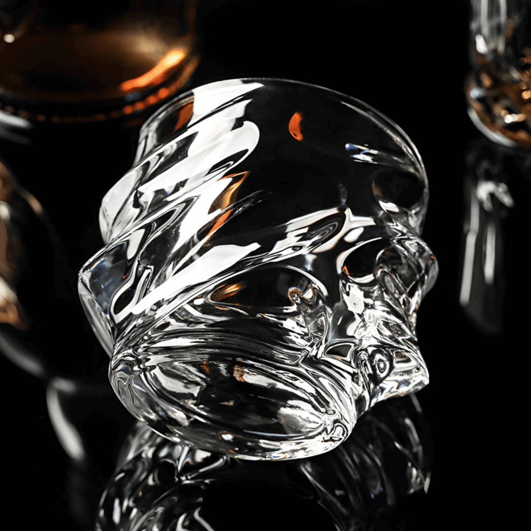 Clear glass skull-shaped drinkware on a dark background