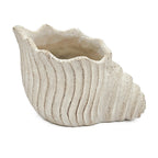 A decorative seashell-shaped planter with a textured, ribbed exterior and a flared rim, shown on a plain white background.