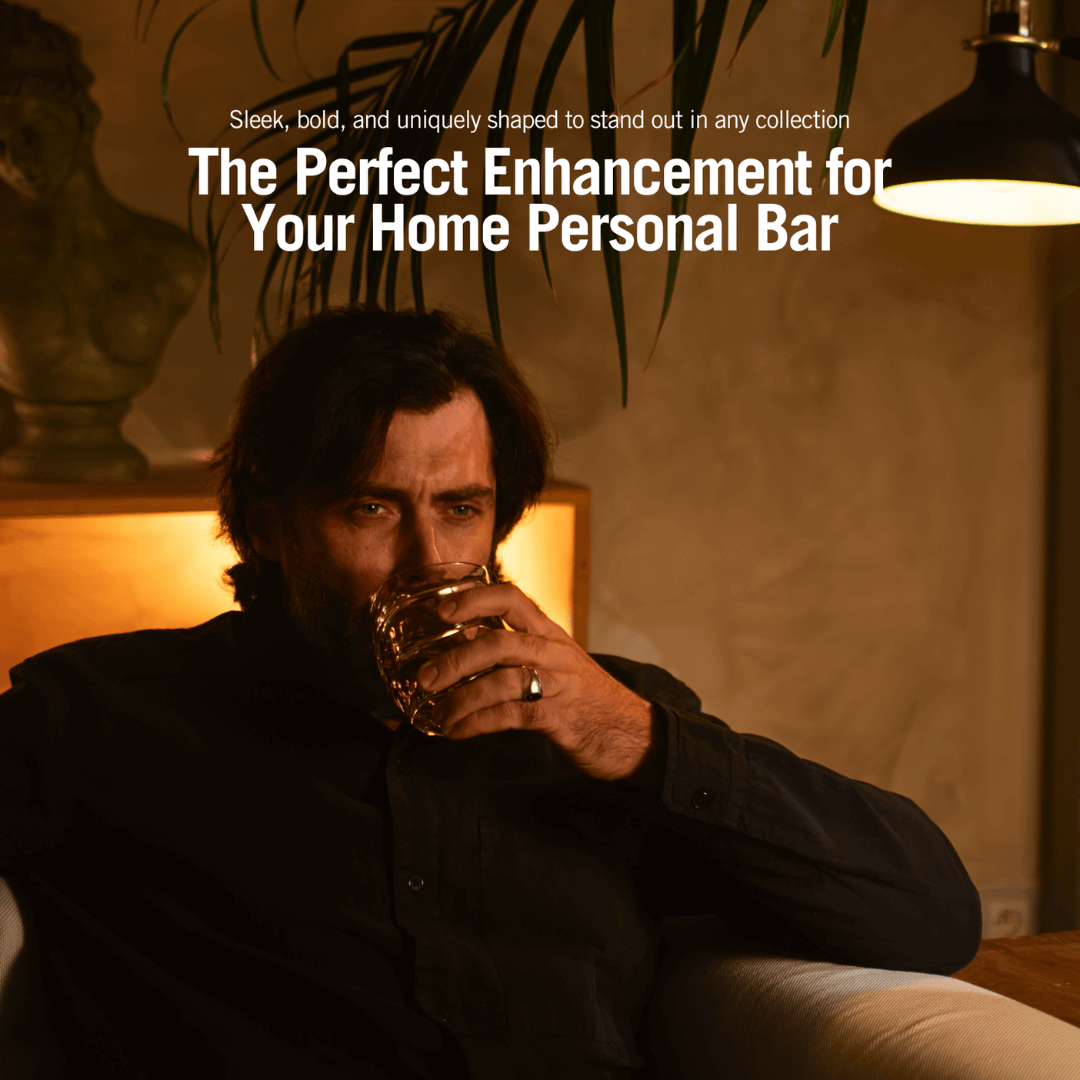 Man drinking from a glass in a dimly lit room with text about home personal bar enhancement.