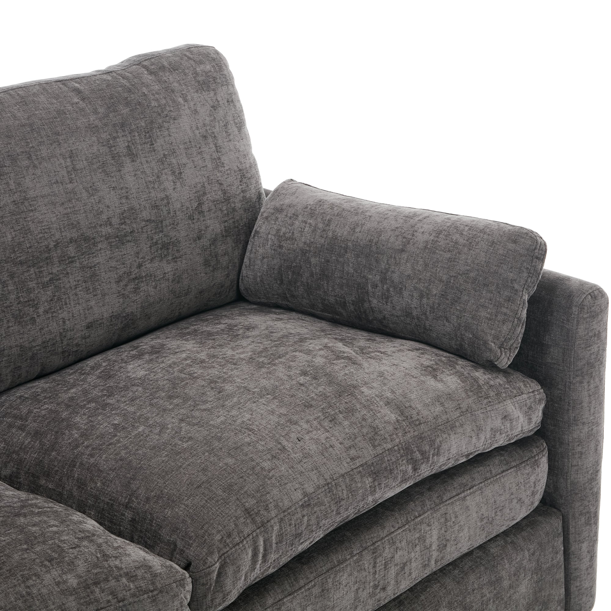 Gray fabric sofa with cushions on a white background