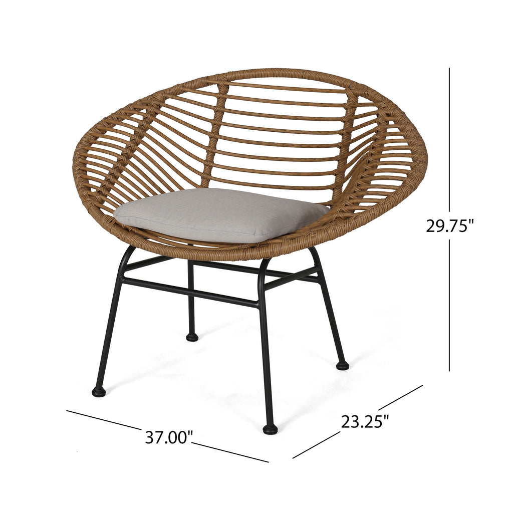 Wicker chair with dimensions on a white background