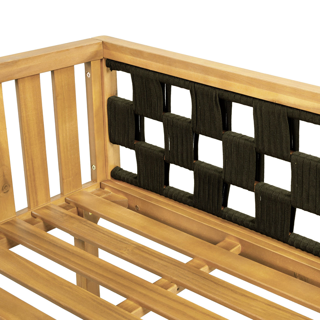 Wooden bench with black woven backrest on a white background