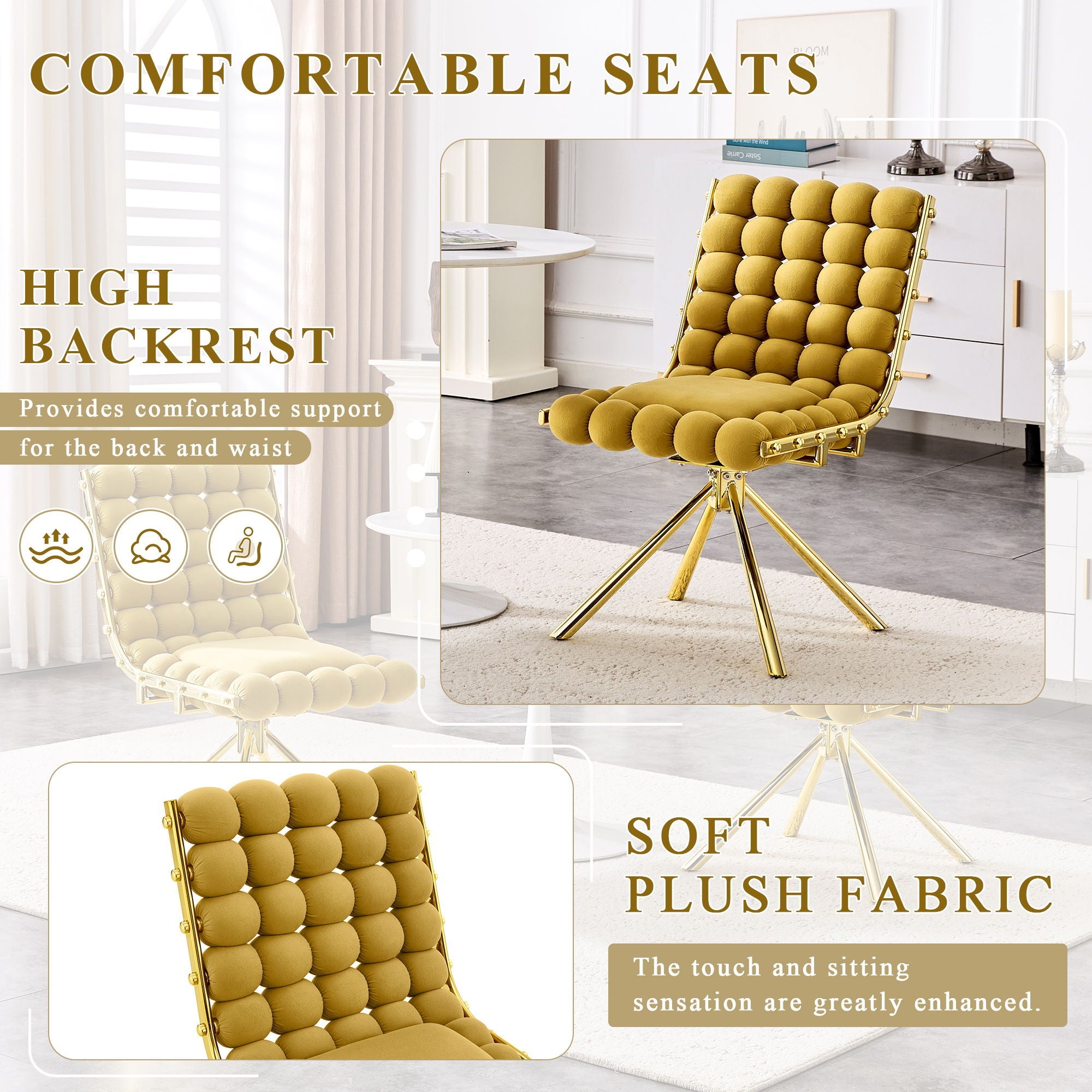 Yellow chair with gold legs in a modern interior setting, highlighting comfortable seats and high backrest features.