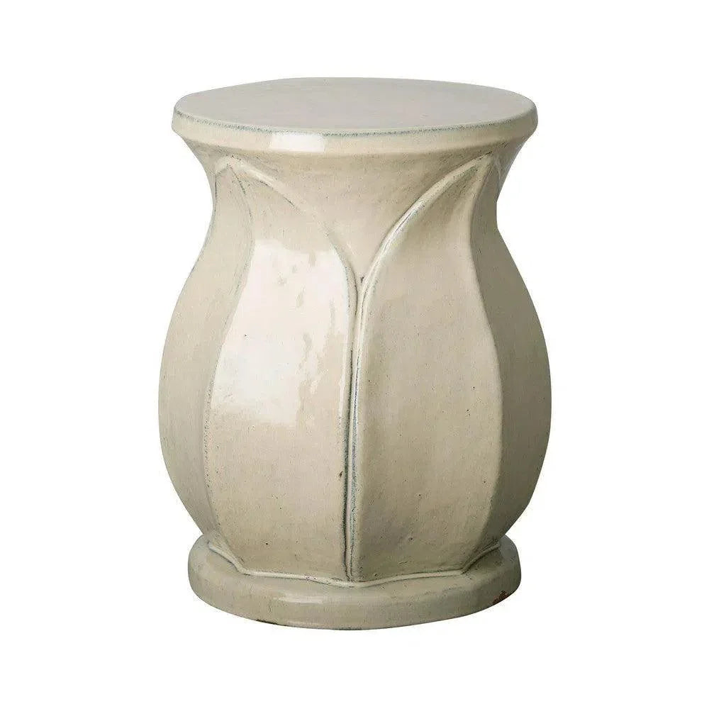 Decorative white garden stool with a textured surface on a white background