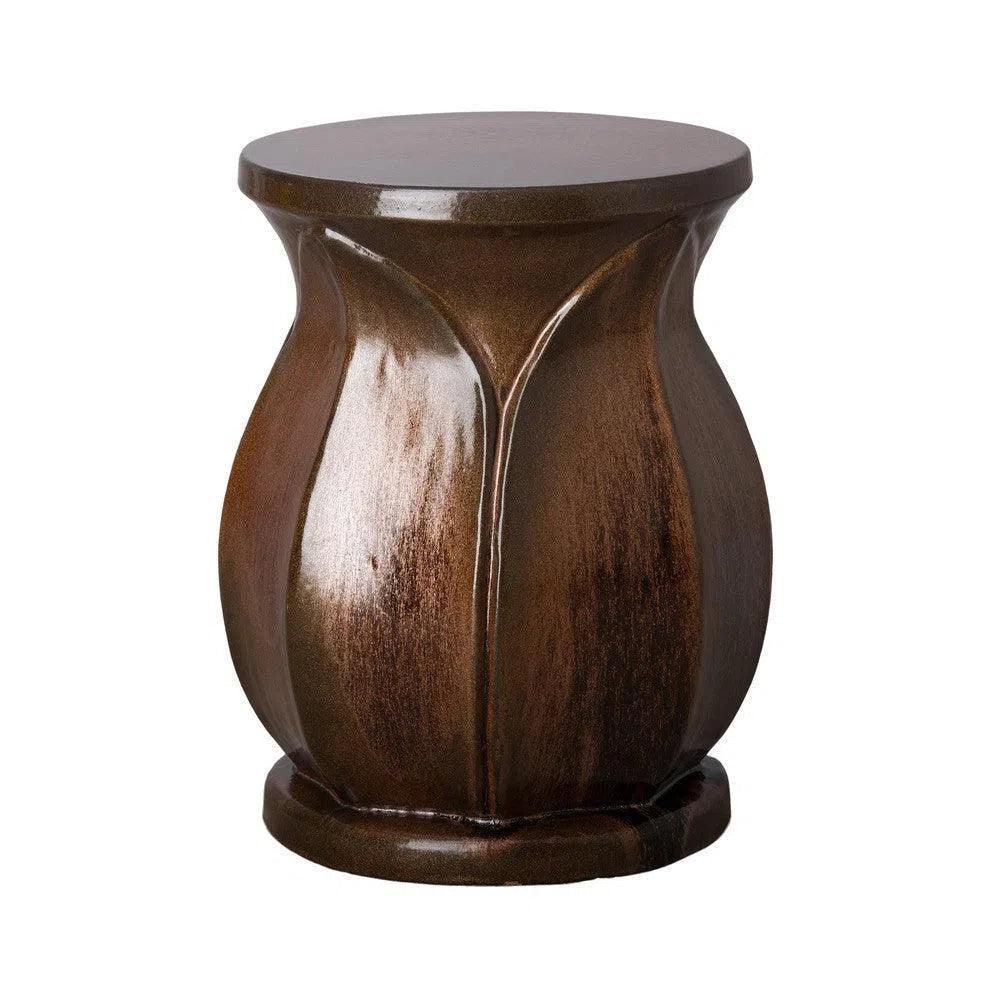 Wooden side table with a decorative design on a white background