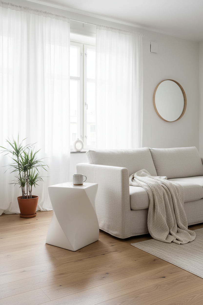 Modern living room with a white sofa, side table, and plant.