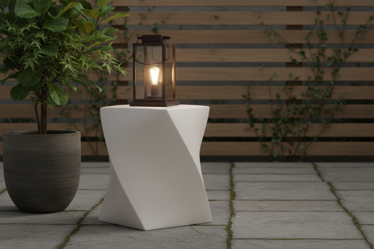 White outdoor side table with a lantern on a stone patio