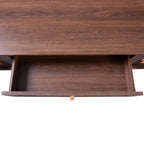 Wooden console with an open drawer on a white background