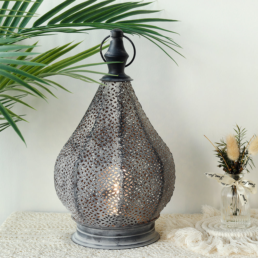 Moroccan Metal Table Lamp Battery Powered Cordless Lamp with LED Fairy Lights Bulb 12''H