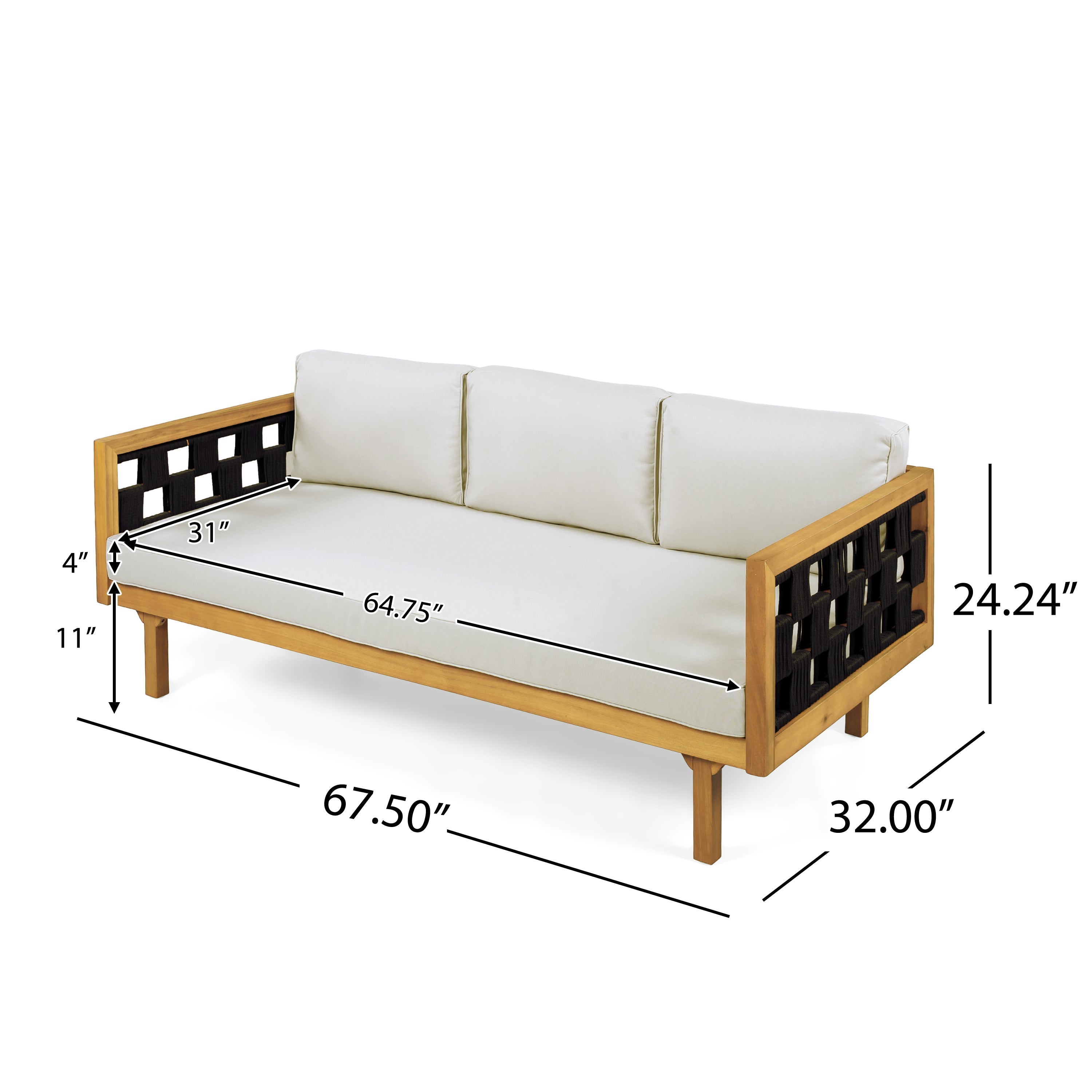 Wooden sofa with white cushions and dimensions labeled on a white background