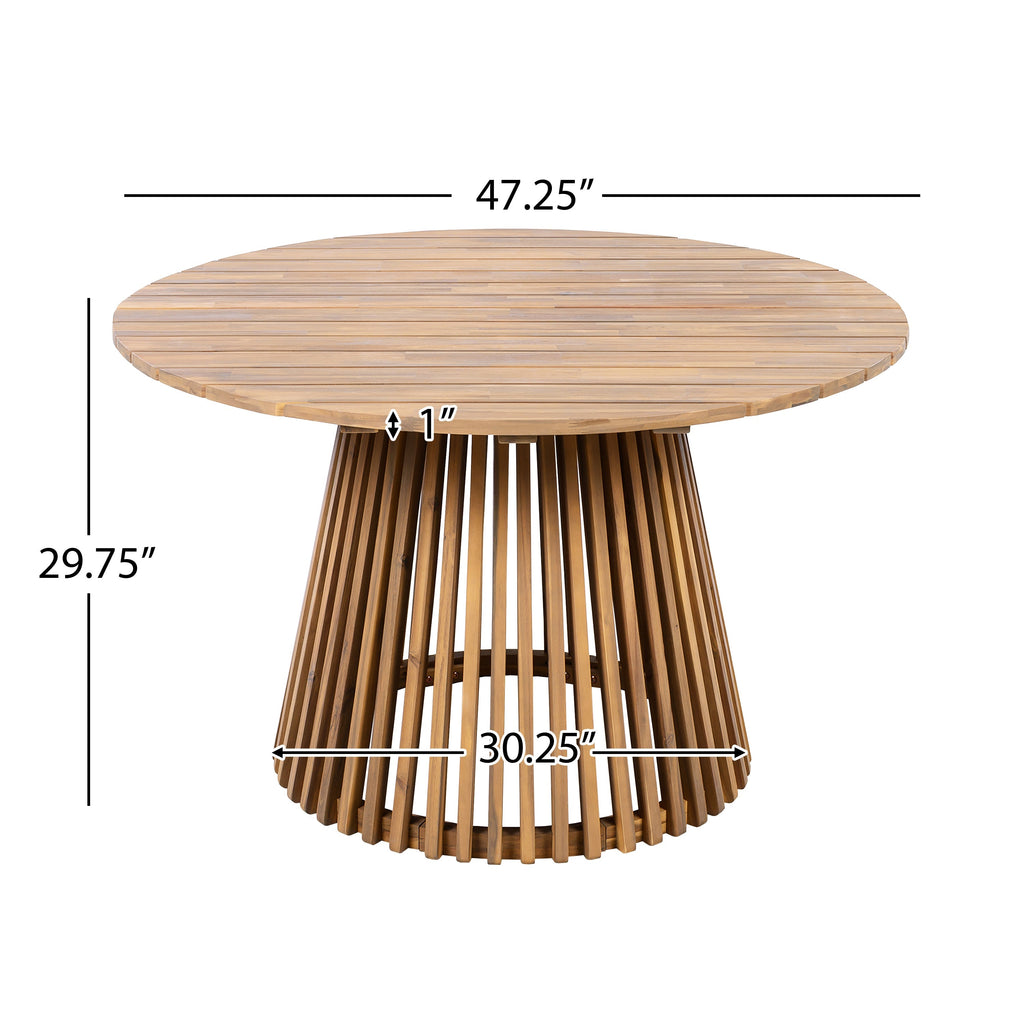 Wooden round table with dimensions labeled on a white background