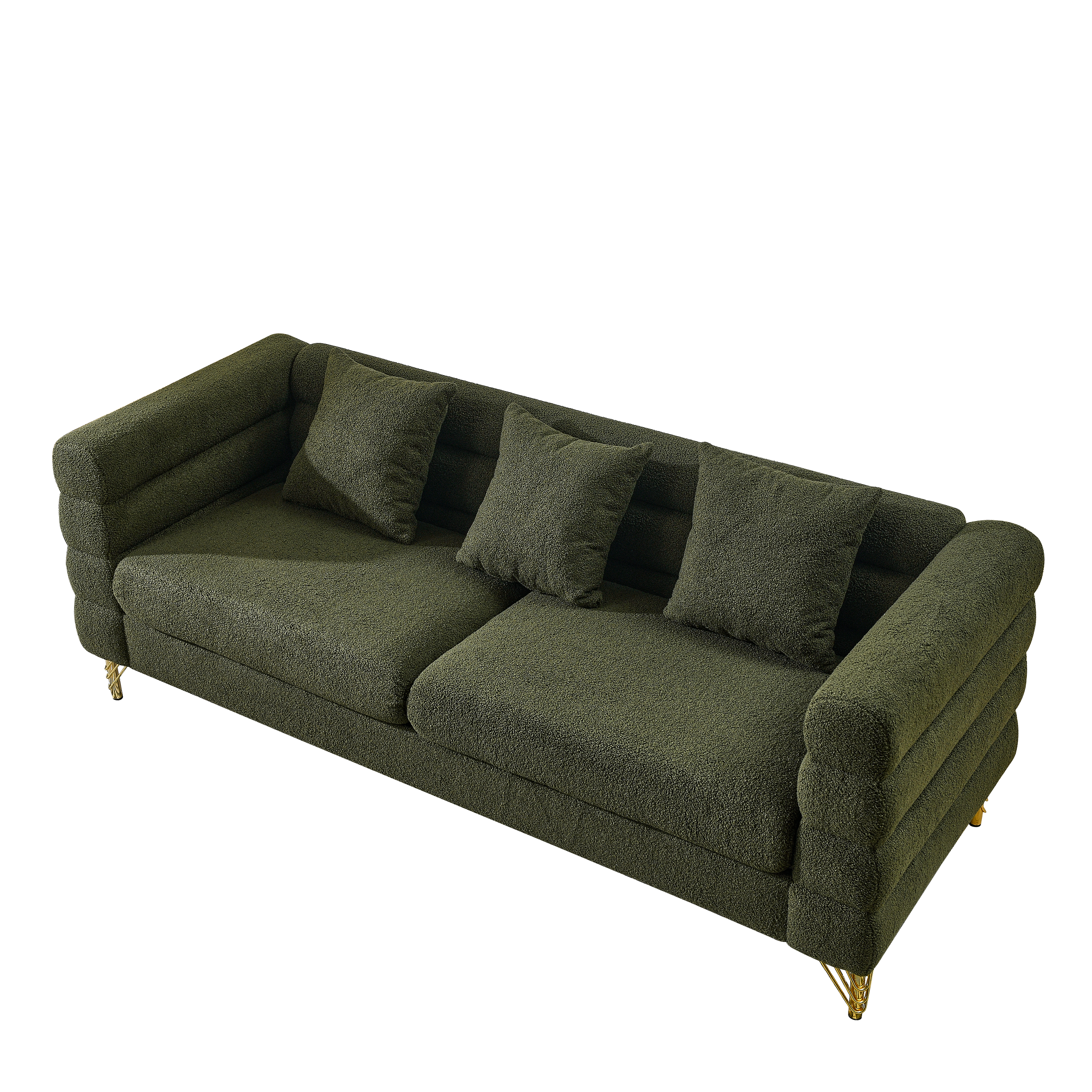 Green sofa with cushions on a white background