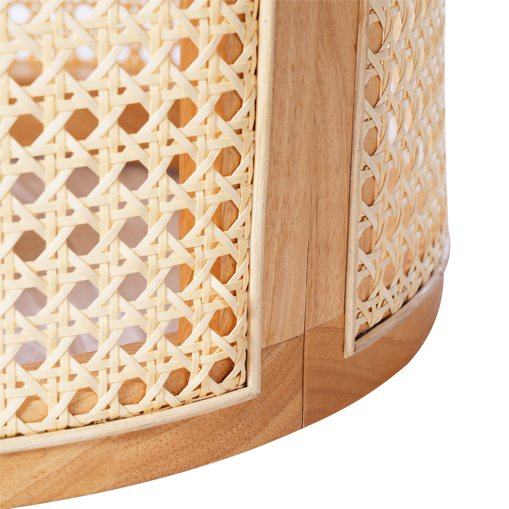 Close-up of a wooden product with woven design on a white background