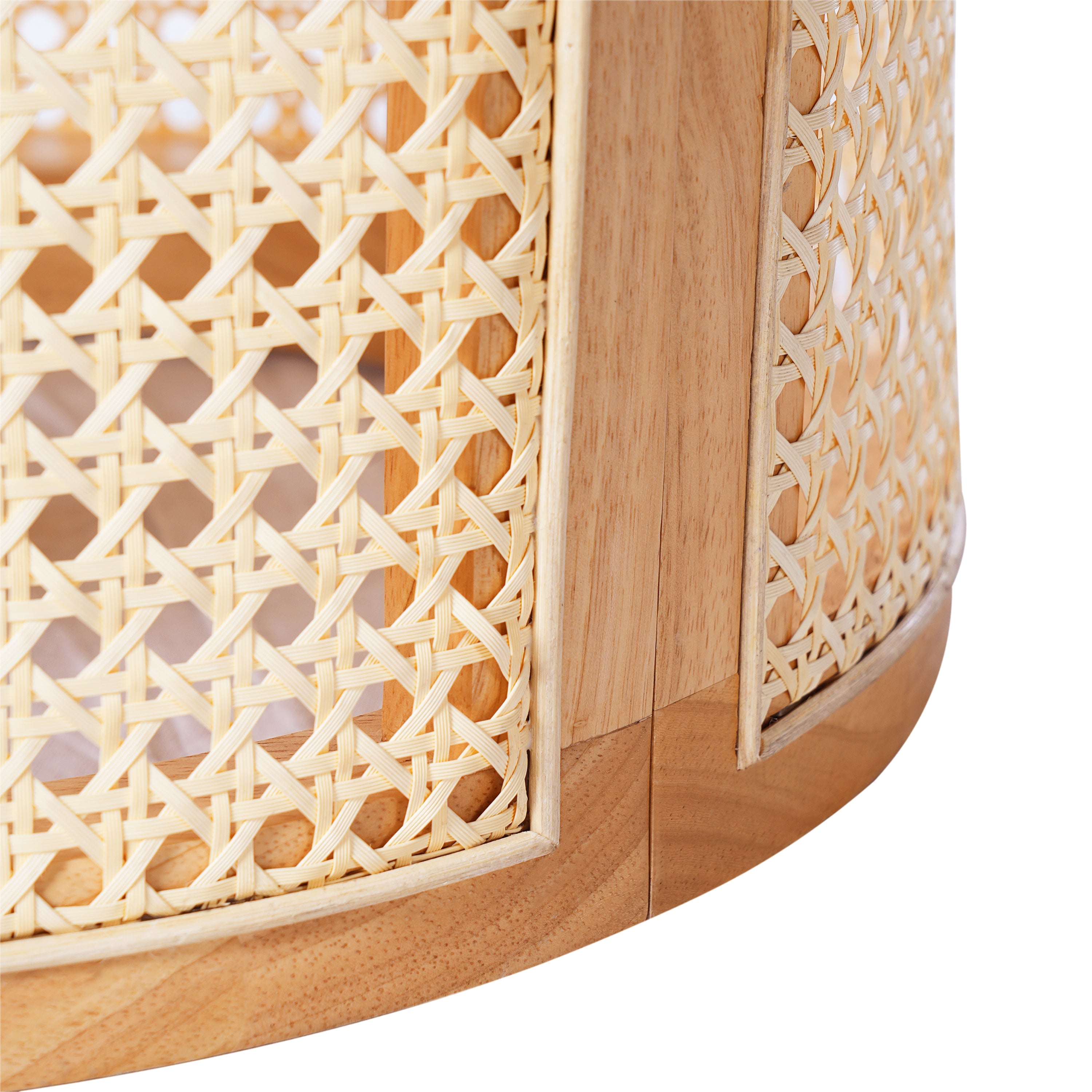 Close-up of a wooden product with woven design on a white background