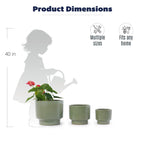 Product dimensions graphic showing three sage green ceramic plant pots in different sizes with a small potted plant, alongside a 40-inch height reference, a silhouette of a person watering plants, and icons indicating multiple sizes and suitability for any home.
