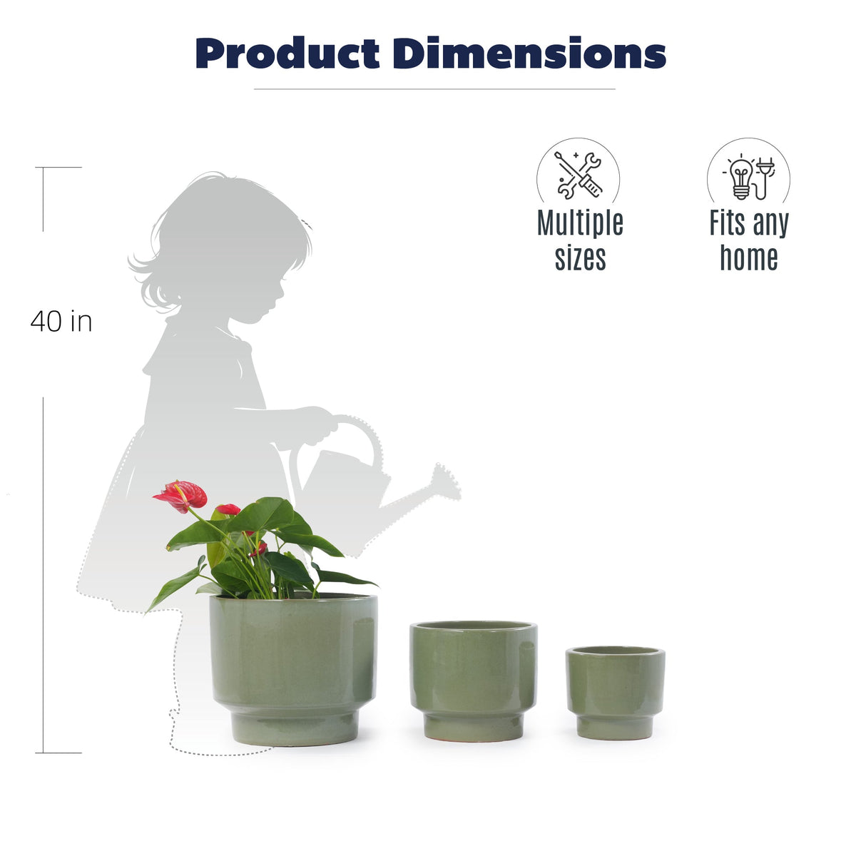 Product dimensions graphic showing three sage green ceramic plant pots in different sizes with a small potted plant, alongside a 40-inch height reference, a silhouette of a person watering plants, and icons indicating multiple sizes and suitability for any home.