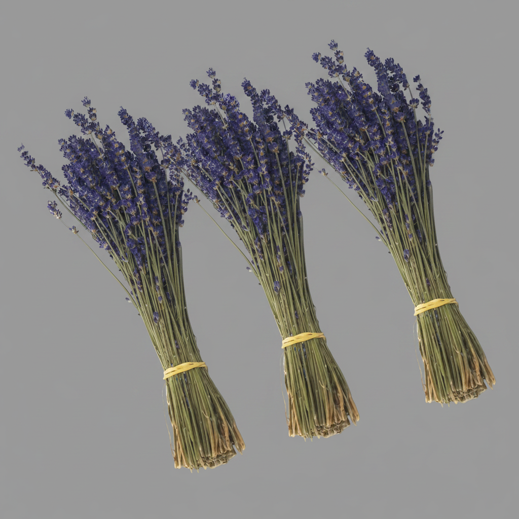 Three bundles of dried lavender on a gray background