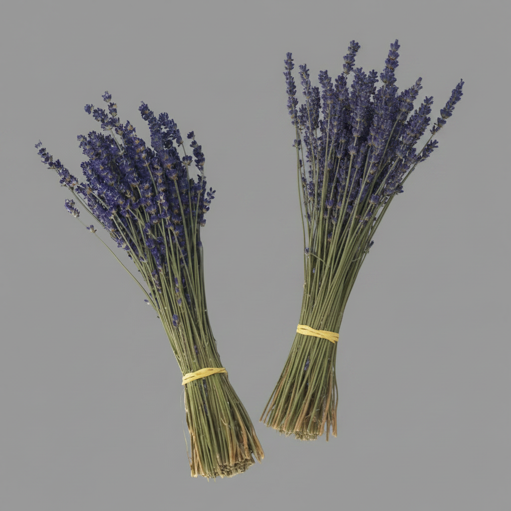 Two bundles of lavender flowers tied with yellow ribbons on a gray background