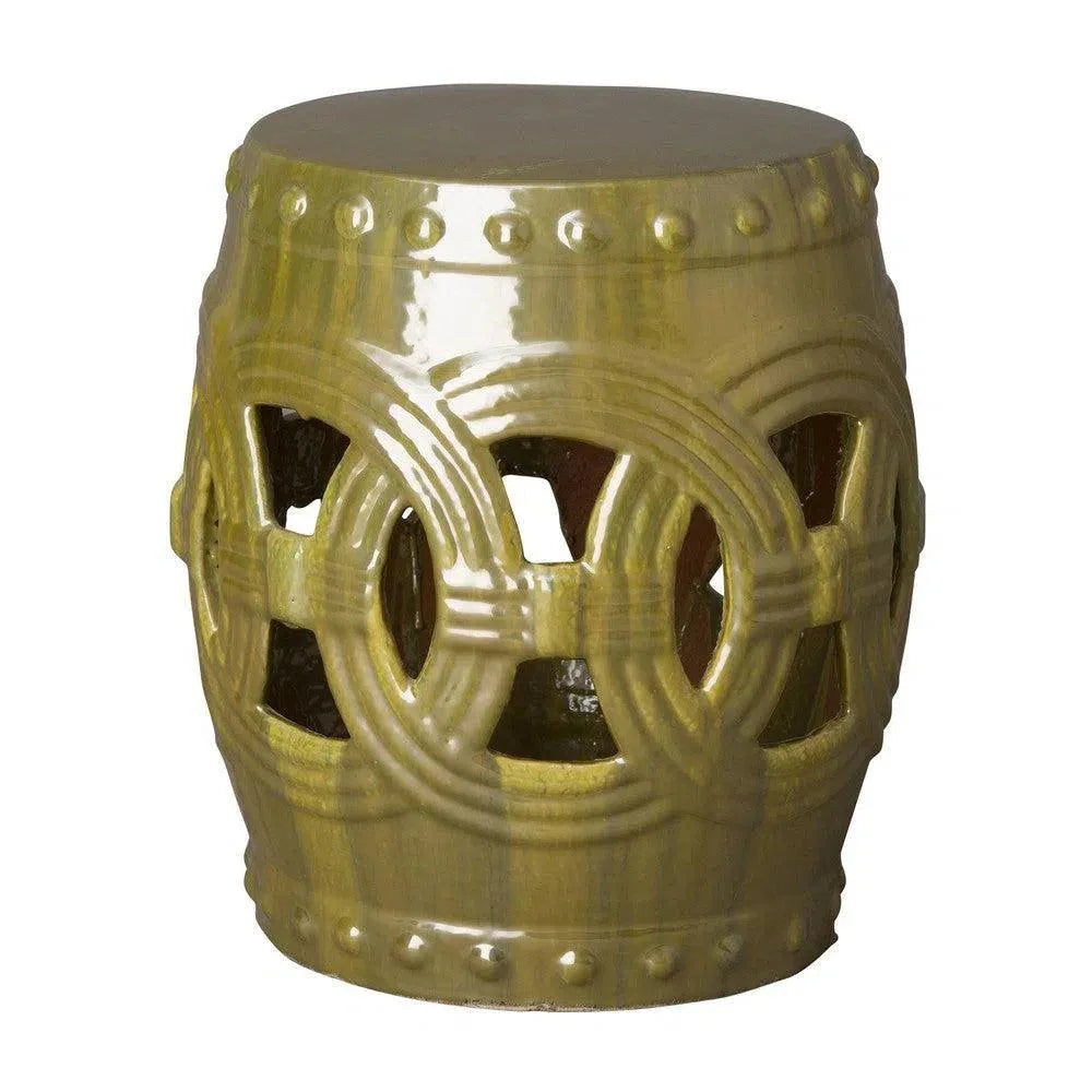 Decorative ceramic stool with intricate design on a white background