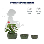 Product dimensions graphic showing three dark green textured planters in different sizes with a potted plant and red flowers for scale, plus text reading 'Product Dimensions,' '40 in,' 'Multiple sizes,' and 'Fits any home.'.
