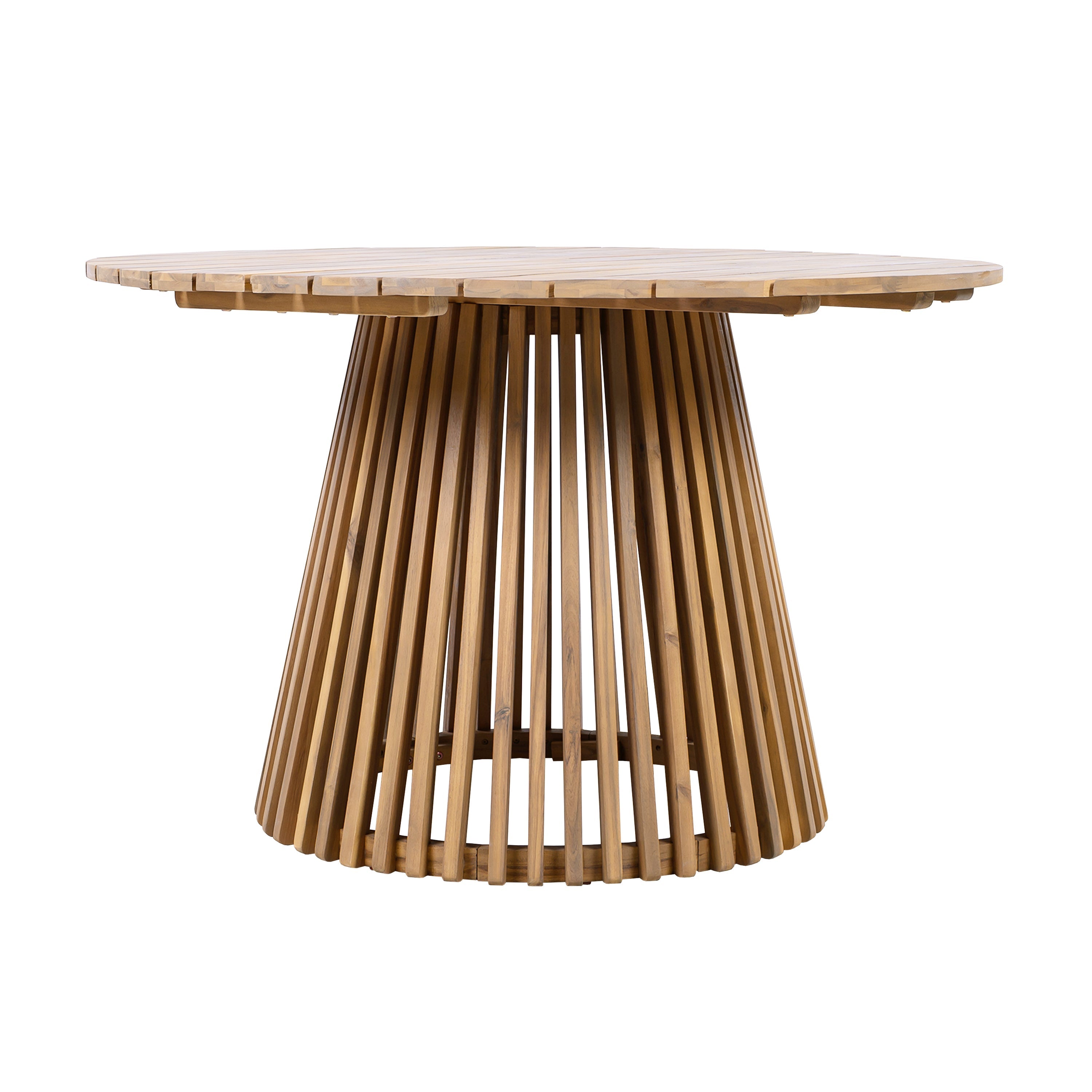 Wooden round table with a unique base design on a white background