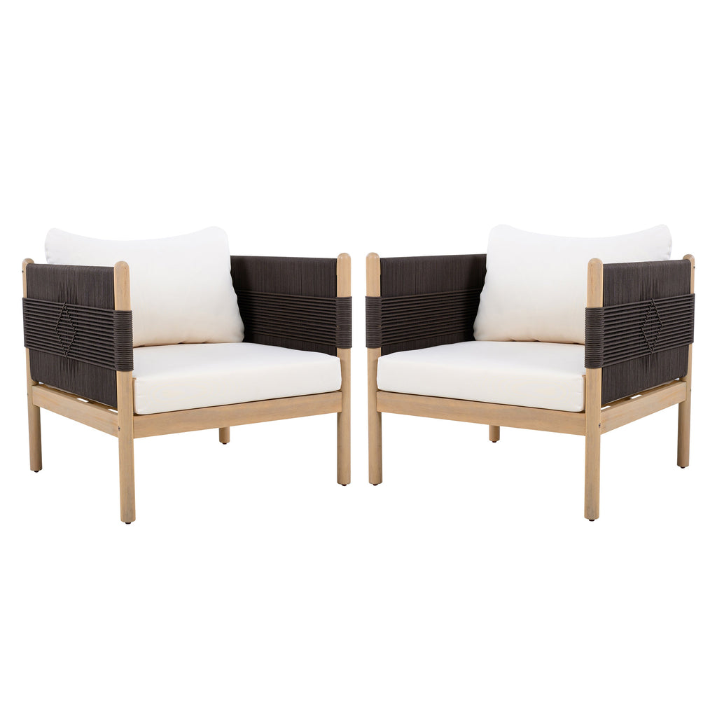 Two outdoor chairs with woven backrests and white cushions on a white background