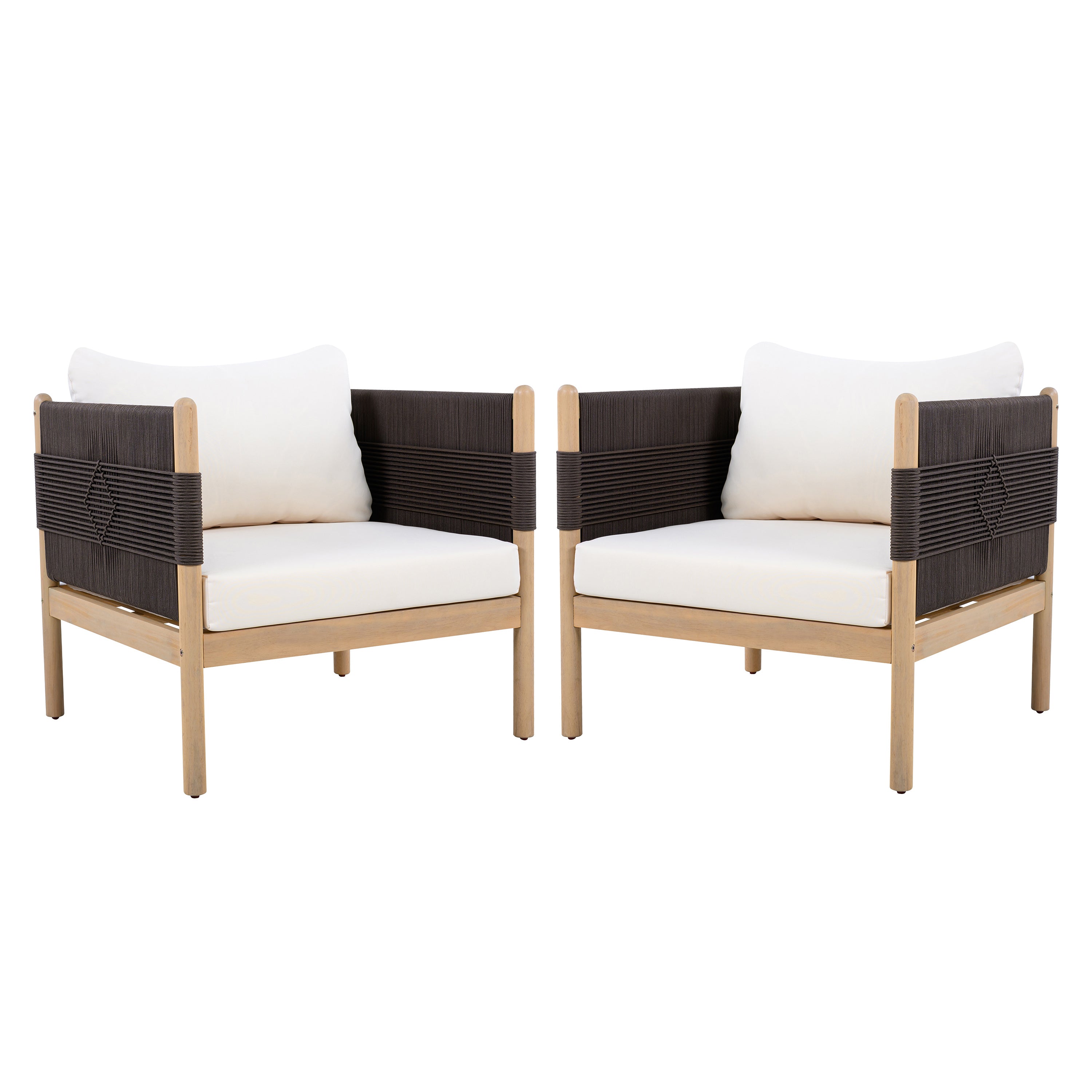 Two outdoor chairs with woven backrests and white cushions on a white background