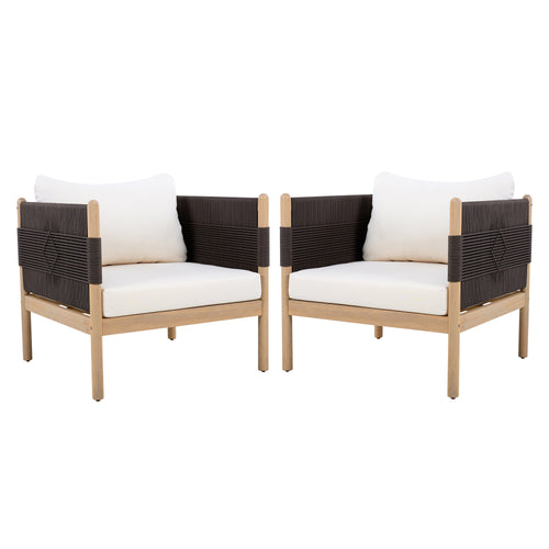 Two outdoor chairs with woven backrests and white cushions on a white background