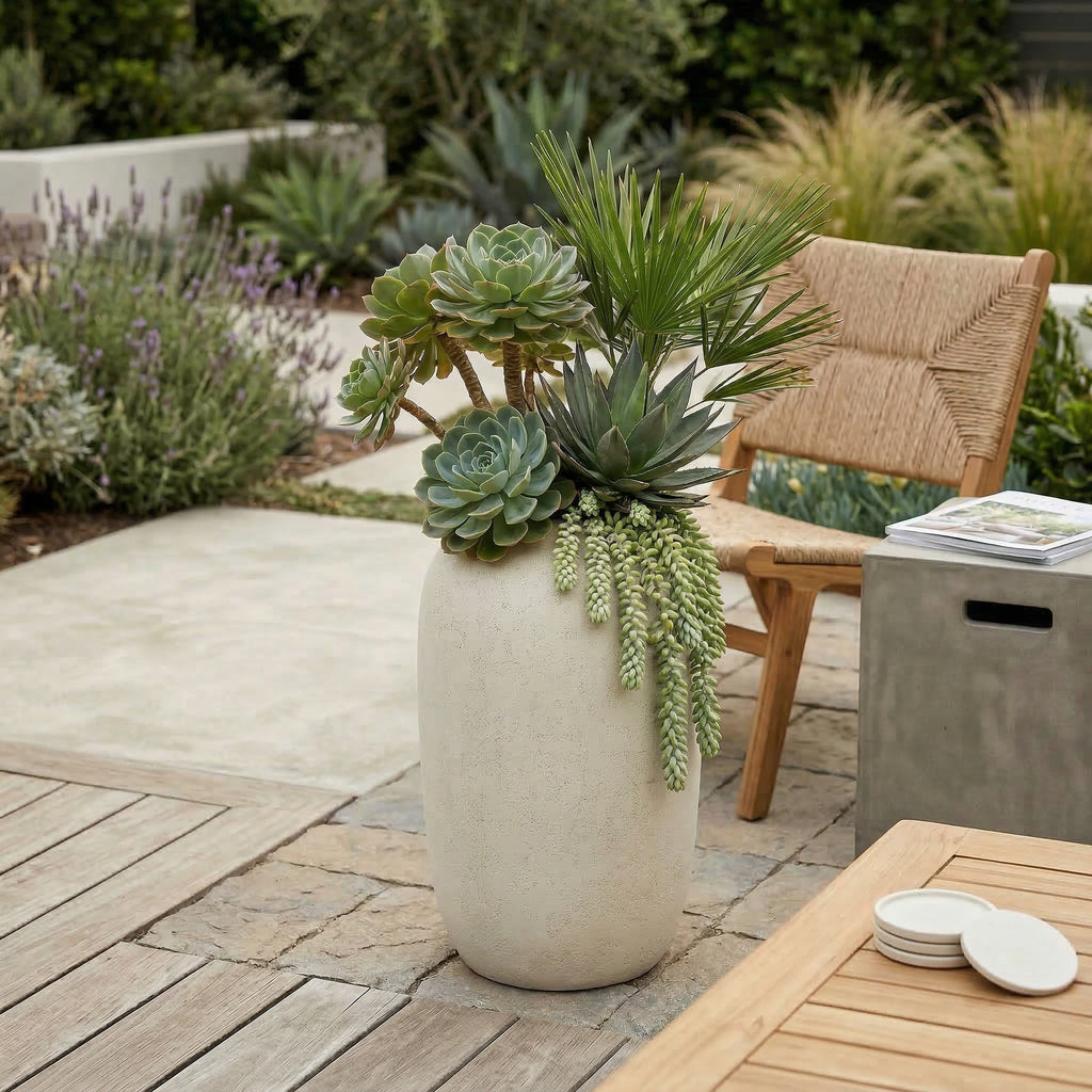 Potted succulents on a patio with a chair and table in the background