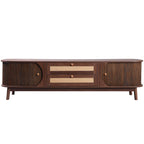 Wooden sideboard with rattan accents on a white background