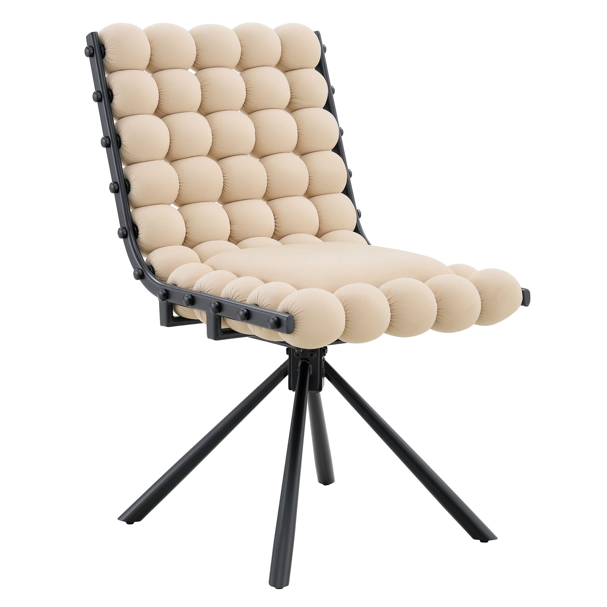 Chair with beige cushioned seat and backrest on a black metal frame against a white background