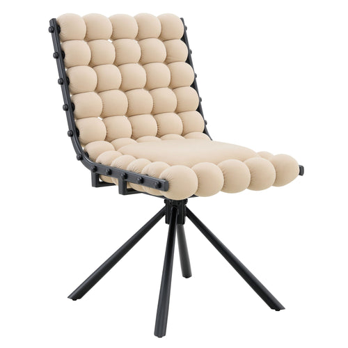 Chair with beige cushioned seat and backrest on a black metal frame against a white background