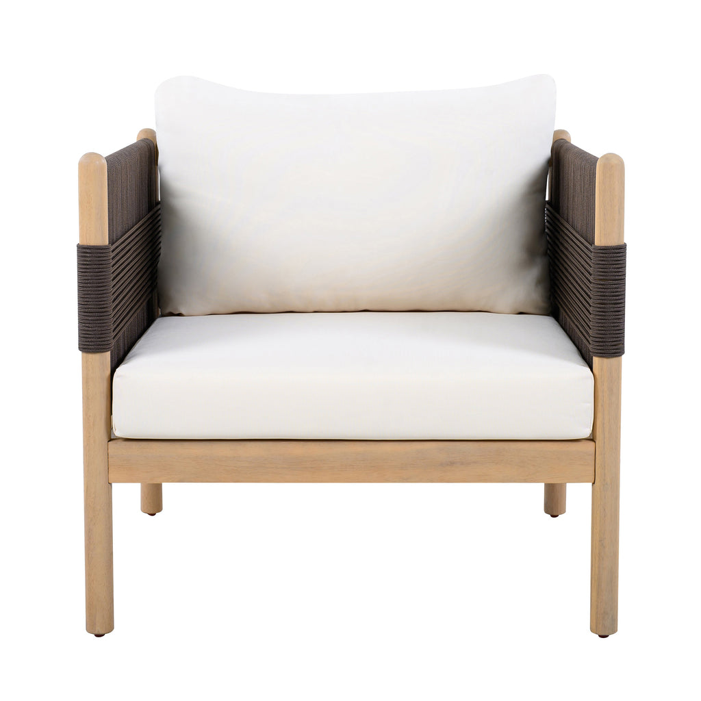 Modern chair with white cushions and brown woven armrests on a white background