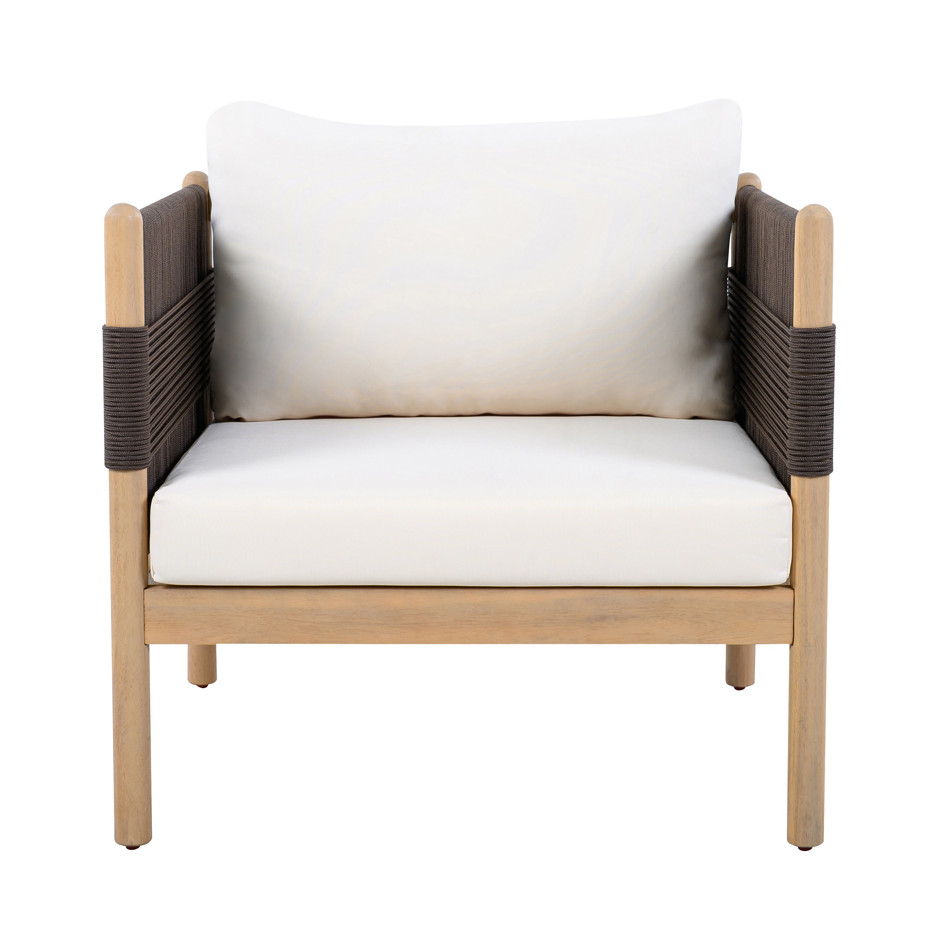 Modern chair with white cushions and brown woven armrests on a white background