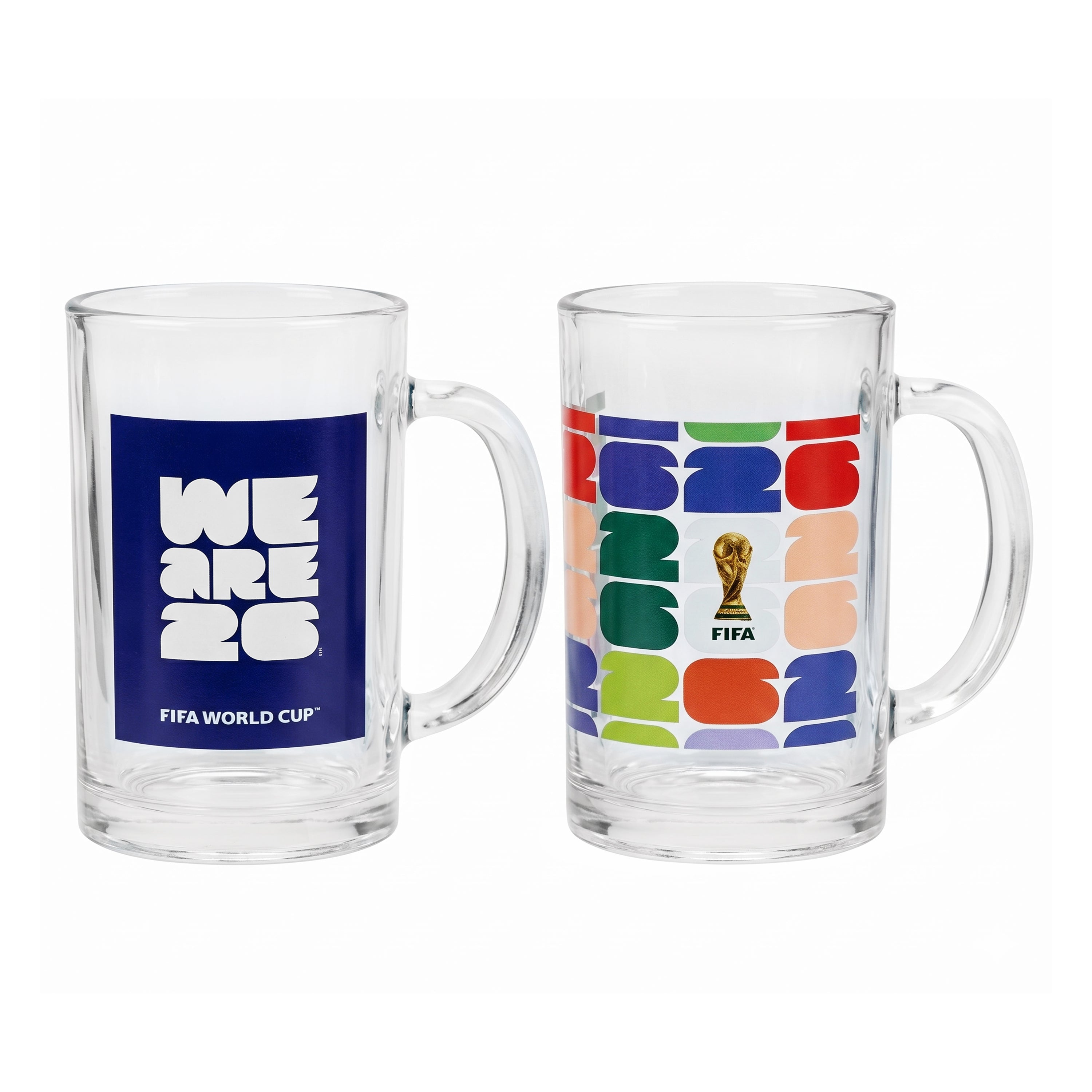 Two glass mugs with FIFA World Cup 2022 branding on a white background